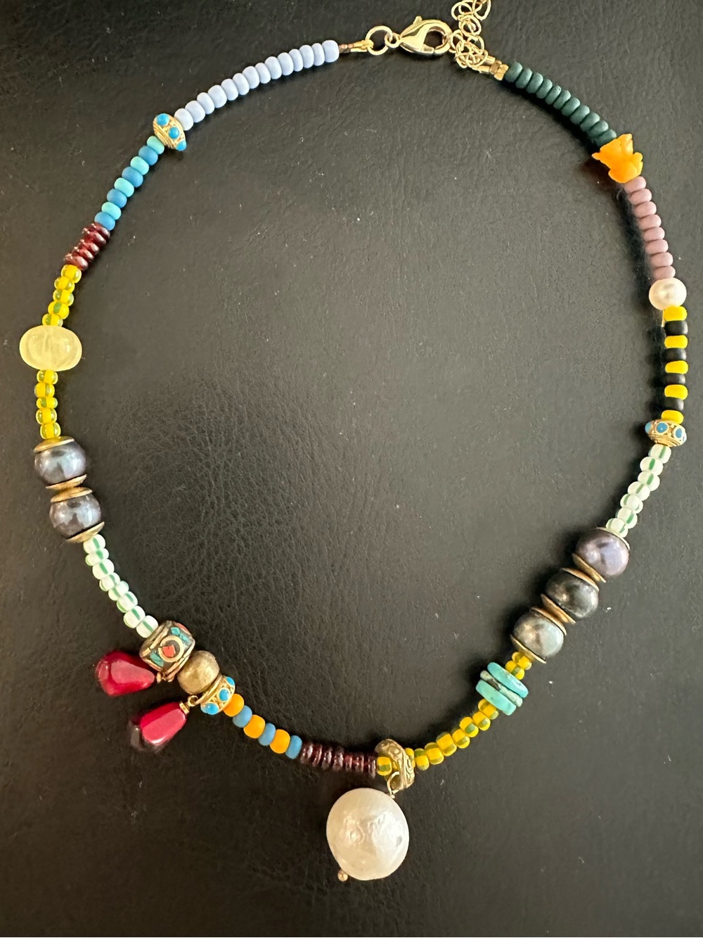 Boho one of a kind charm necklace with Pearl Pendant